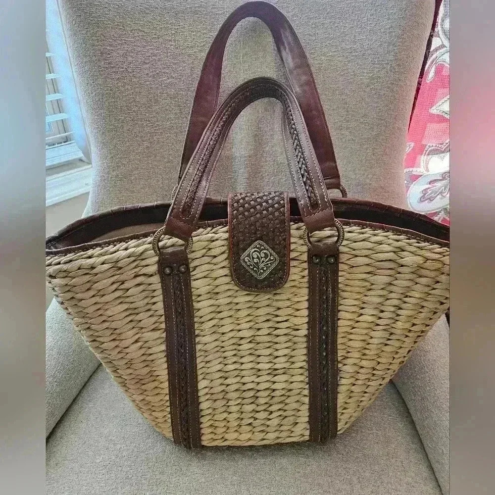 Coldwater Creek Brown and Natural Straw Woven Tote